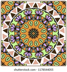 Floral Geometric Pattern with hand-drawing Mandala. illustration. For fabric, textile, bandana, pillowcarpet print.