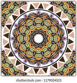 Floral Geometric Pattern with hand-drawing Mandala. illustration. For fabric, textile, bandana, scarg, print.