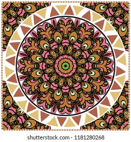 Floral Geometric Pattern with hand-drawing Mandala. illustration. For fabric, textile, bandana, pillowcarpet print.