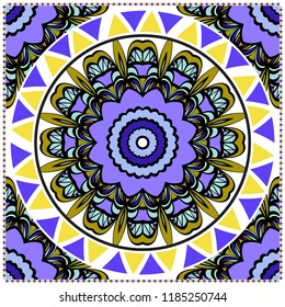 Floral Geometric Pattern with hand-drawing Mandala. illustration. For fabric, textile, bandana, scarf, print.