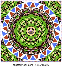 Floral Geometric Pattern with hand-drawing Mandala. illustration. For fabric, textile, bandana, scarg, print.
