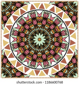 Floral Geometric Pattern with hand-drawing Mandala. illustration. For fabric, textile, bandana, scarg, print.