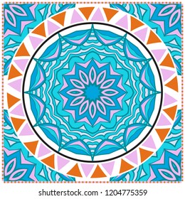 Floral Geometric Pattern with hand-drawing Mandala. illustration. For fabric, textile, bandana, scarg, print