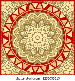 Floral Geometric Pattern with hand-drawing Mandala. illustration. For fabric, textile, bandana, pillowcarpet print