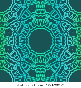 Floral Geometric Pattern With Hand-Drawing Mandala. Illustration. For Fabric, Textile, Print. Green color