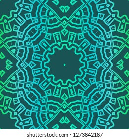Floral Geometric Pattern With Hand-Drawing Mandala. Illustration. For Fabric, Textile, Print. Green color