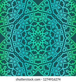 Floral Geometric Pattern With Hand-Drawing Mandala. Illustration. For Fabric, Textile, Print. Green color