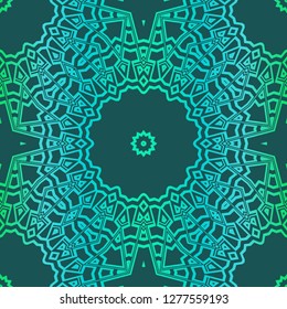 Floral Geometric Pattern With Hand-Drawing Mandala. Illustration. For Fabric, Textile, Print. Green color