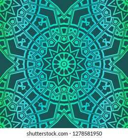 Floral Geometric Pattern With Hand-Drawing Mandala. Illustration. For Fabric, Textile, Print. Green color