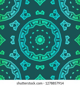 Floral Geometric Pattern With Hand-Drawing Mandala. Illustration. For Fabric, Textile, Print. Green color