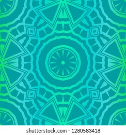 Floral Geometric Pattern With Hand-Drawing Mandala. Illustration. For Fabric, Textile, Print. Green color