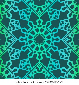 Floral Geometric Pattern With Hand-Drawing Mandala. Illustration. For Fabric, Textile, Print. Green color