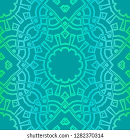 Floral Geometric Pattern With Hand-Drawing Mandala. Illustration. For Fabric, Textile, Print. Green color