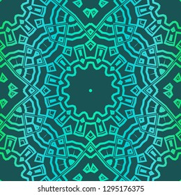 Floral Geometric Pattern With Hand-Drawing Mandala. Illustration. For Fabric, Textile, Print. Green color