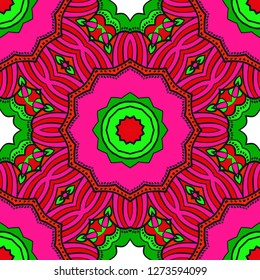 Floral Geometric Pattern with hand-drawing ornament. Vector super illustration. For fabric, textile, bandana, scarg, colored print.