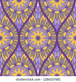 Floral Geometric Pattern With Hand-Drawing Seamless. Vector illustration. Brown pink purple color.