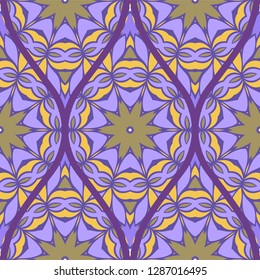 Floral Geometric Pattern With Hand-Drawing Seamless. Vector illustration. Brown pink purple color.