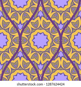 Floral Geometric Pattern With Hand-Drawing Seamless. Vector illustration. Brown pink purple color.