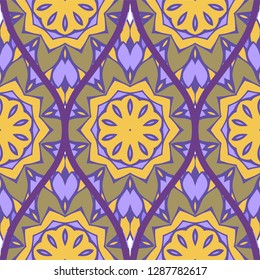 Floral Geometric Pattern With Hand-Drawing Seamless. Vector illustration. Brown pink purple color.