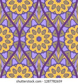 Floral Geometric Pattern With Hand-Drawing Seamless. Vector illustration. Brown pink purple color.