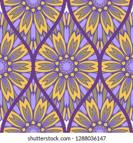Floral Geometric Pattern With Hand-Drawing Seamless. Vector illustration. Brown pink purple color.