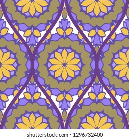 Floral Geometric Pattern With Hand-Drawing Seamless. Vector illustration. Brown pink purple color.