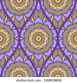 Floral Geometric Pattern With Hand-Drawing Seamless. Vector illustration. Brown pink purple color.