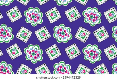 Floral and geometric pattern on a blue background, for textile, wallpaper, gift wrapping, print
