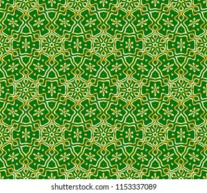 Floral Geometric pattern. Seamless gold texture on green color background. Element for design. Vector illustration