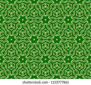 Floral Geometric pattern. Seamless gold texture on green color background. Element for design. Vector illustration