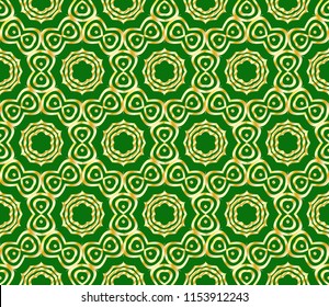 Floral Geometric pattern. Seamless gold texture on green color background. Element for design. Vector illustration
