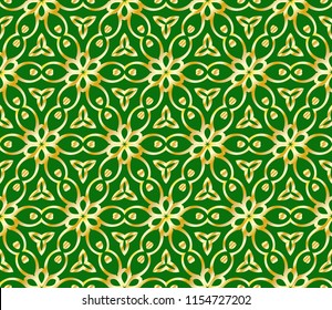 Floral Geometric pattern. Seamless gold texture on green color background. Element for design. Vector illustration
