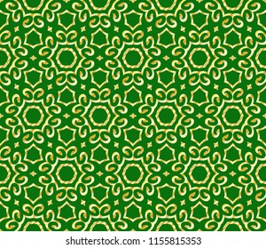 Floral Geometric pattern. Seamless gold texture on green color background. Element for design. Vector illustration
