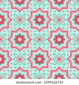 Floral Geometric Pattern, seamless print, repeat design, abstract flowers, pastel, colorful, botanical, red, green, pink, star shapes, hand-drawn, symmetry, for tiles, textiles, print, fabric, cloths