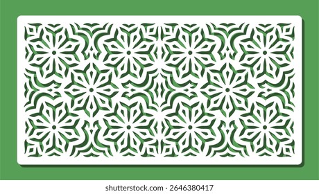 Floral geometric pattern stencil. Rectangular horizontal panel, lace lattice, screen, railing with abstract flowers. Template for plotter laser cutting of paper, wood carving, metal engraving, cnc.
