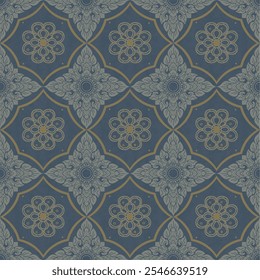 Floral and geometric patterns alternate in a grid, resembling stars.The color scheme is mostly blue and gray, with slight highlights of green and yellow.This pattern is used in textiles and wallpaper.