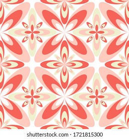 Floral geometric portuguese azulejos tiles vector seamless pattern. Packaging print design. Delicate geometric floral ornament. Arabesque four-petal flowers seamless background. Decorative tiles.
