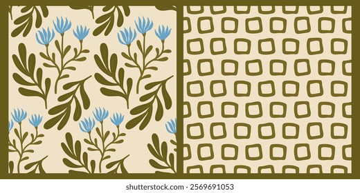 floral and geometric print for fabric and paper. a set of patterns in the same style. hand-drawn squares and botany