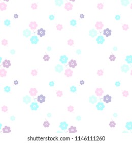 Floral geometric seamless pattern with abstract flowers in pink blue colors. Doodle texture in line art style. Cute simple vector background for textile ditsy print, wallpaper, scrapbook, gift wrap.
