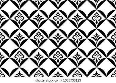 Floral geometric seamless pattern. Black and white ornament. Fabric for ornament, wallpaper, packaging, vector background.