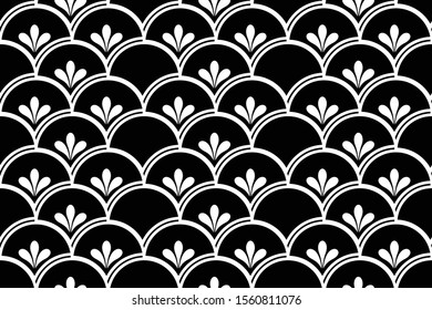 Floral geometric seamless pattern. Black and white ornament. Fabric for ornament, wallpaper, packaging, vector background.