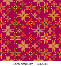 Floral geometric seamless pattern colorful floret on red background.