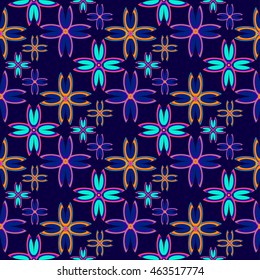 Floral geometric seamless pattern colorful floret on blue background.