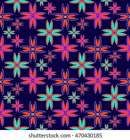 Floral geometric seamless pattern colorful floret on blue background.