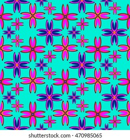 Floral geometric seamless pattern colorful floret on blue background.