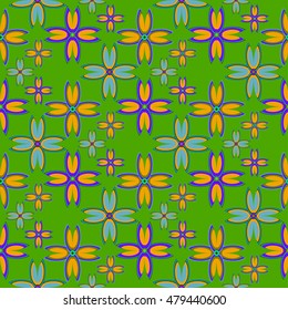 Floral geometric seamless pattern with colorful floret on green background.