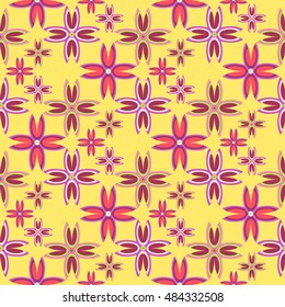 Floral geometric seamless pattern colorful floret on yellow background.