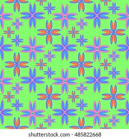 Floral geometric seamless pattern with colorful floret on green background.