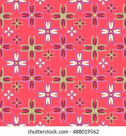 Floral geometric seamless pattern colorful floret on red background.