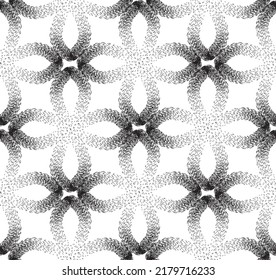 Floral geometric seamless pattern with dotted loop lines. Stylish ornamental monochrome background with flower petals. Swirl geometric dotted texture. Ornamental wave optical effect background.